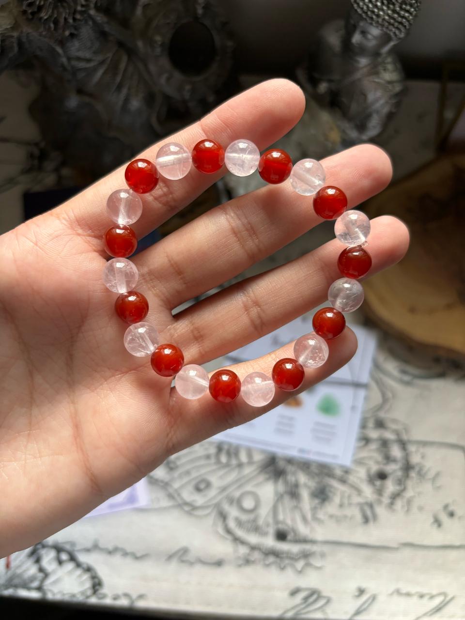 Stretchy rose quartz + carnelian bracelet